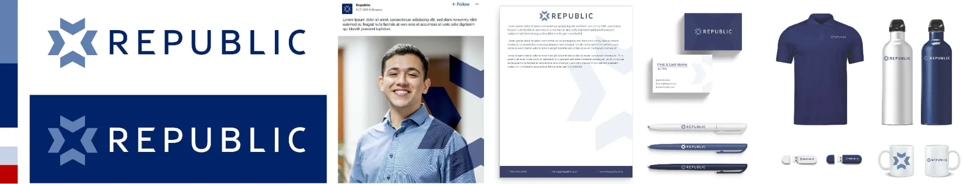 Republic brand system: logo lockups, collateral, and merchandise