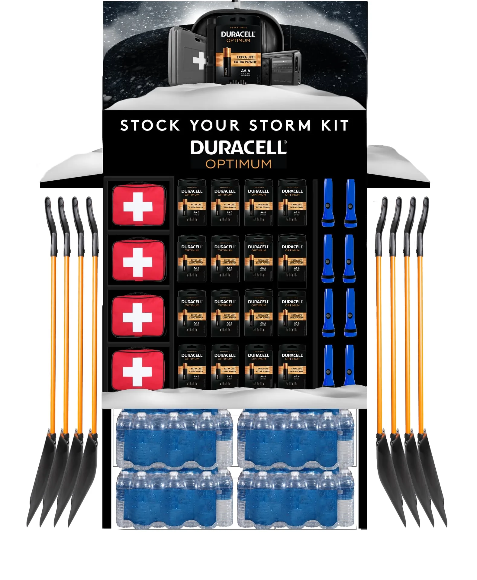 Full Duracell Optimum storm kit endcap display with shovels, water and batteries