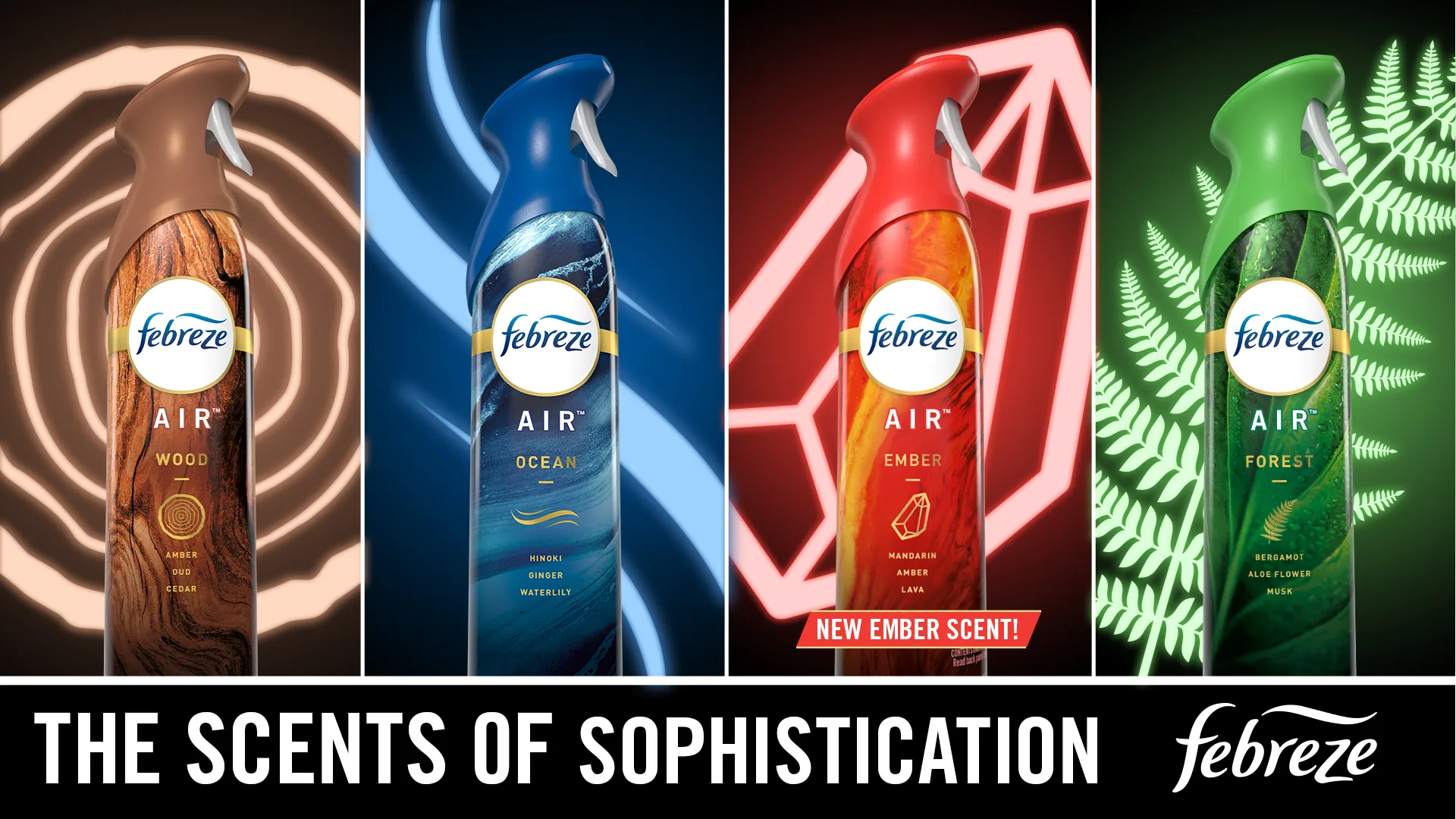 Febreze Air Elements line-up: Wood, Ocean, Ember and Forest with glowing icon artwork