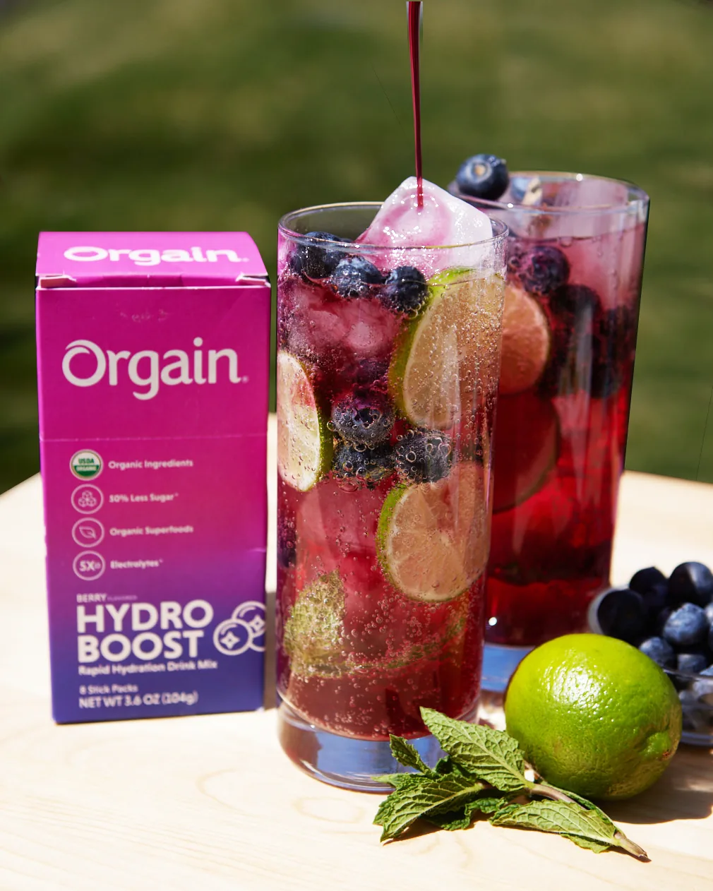 Orgain Hydro Boost box with berry mojito mocktails