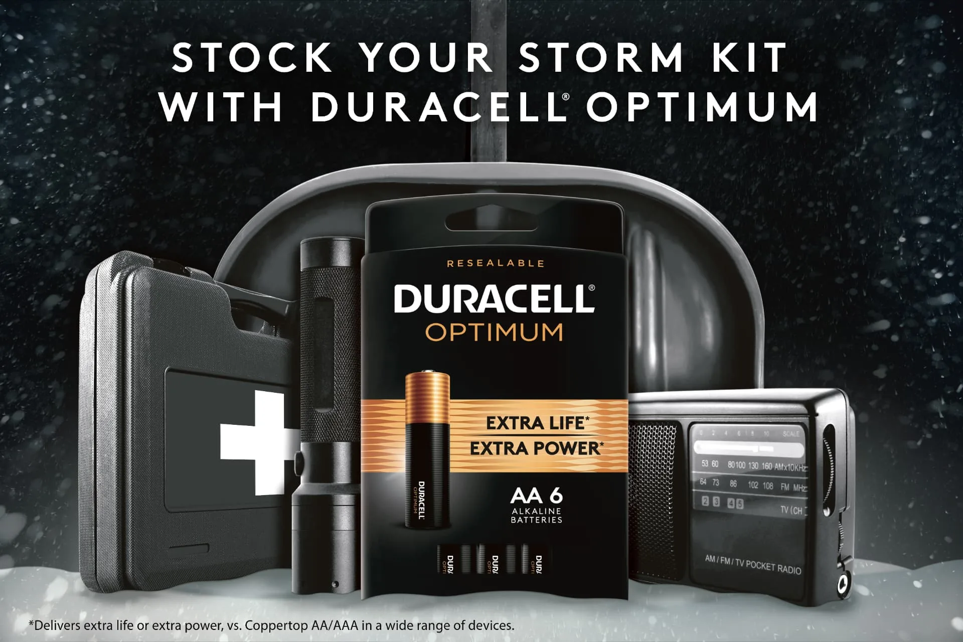 Duracell Optimum winter storm key visual with shovel, flashlight, radio and battery pack