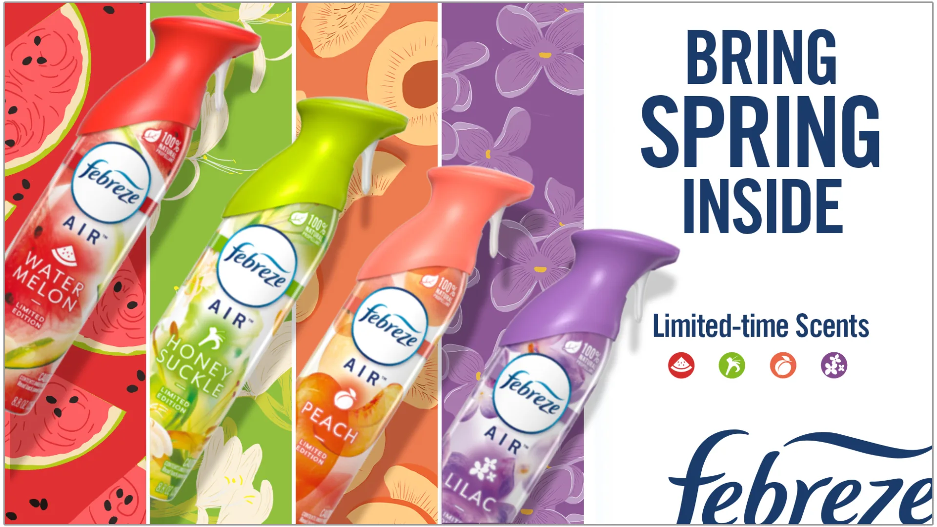 Febreze Air spring line-up: Watermelon, Honeysuckle, Peach and Lilac with Bring Spring Inside headline