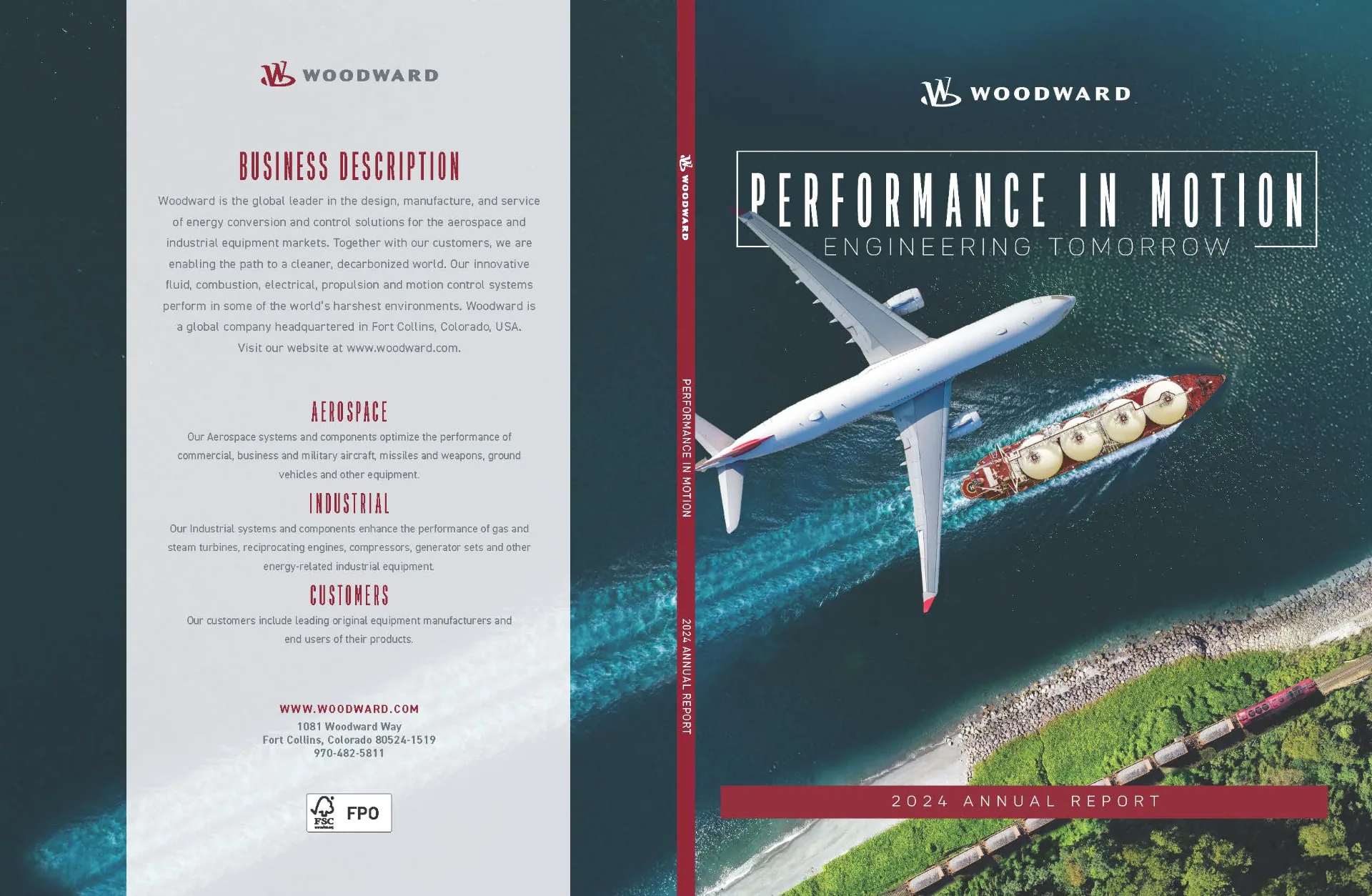 Woodward 2024 Annual Report cover option: Performance In Motion, Engineering Tomorrow