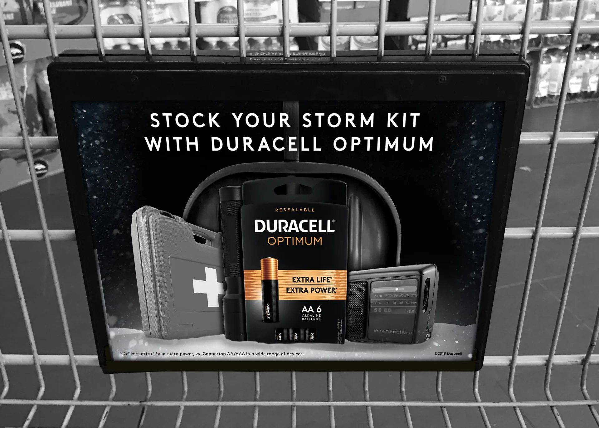 Duracell Optimum storm kit sign mounted on a shopping cart