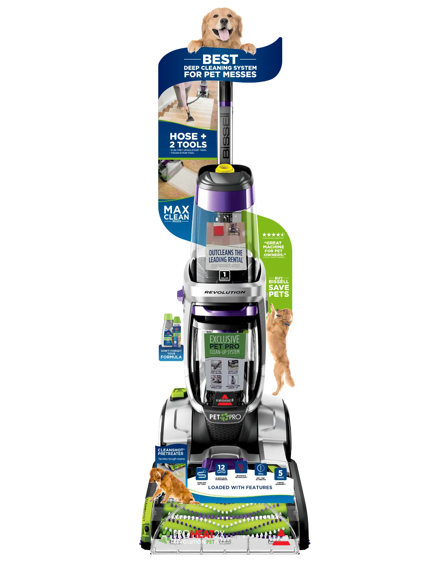 Bissell Pet Pro display with hose and tools call-outs