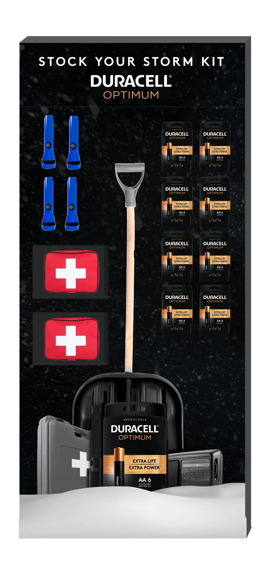 Tall Duracell Optimum storm kit shelf display with flashlights, first aid kits and batteries