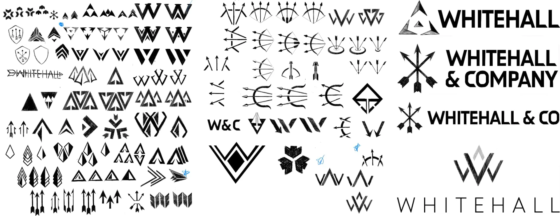 Whitehall logo exploration sketches and final lockups